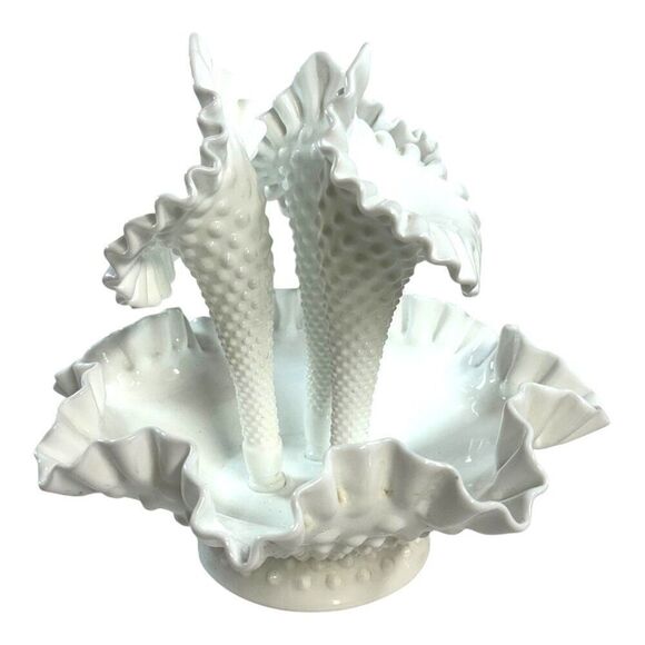Vintage Fenton Hobnail White Milk Glass Triple Epergne Trumpet Vase REPAIRED - Picture 2 of 7